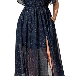 EYWOL Star Print Maxi  Deep V Neck Flutter Sleeve Elastic Waist Split $54